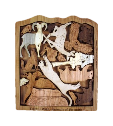 A wooden packing puzzle with woodland animal pieces