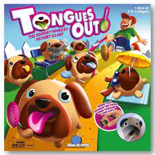The box for the game "Tongues Out," featuring cartoon pugs licking lollipops
