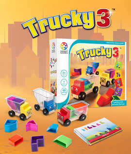 Trucky 3 by SmartGames – a mechanical puzzle game featuring colorful toy trucks and geometric blocks. The game includes a variety of challenges for preschoolers to load and unload the trucks, promoting problem-solving skills in a fun and engaging way. Ideal for children aged 3 and up, this hands-on puzzle enhances critical thinking and fine motor skills.