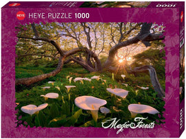 Magic Forests jigsaw puzzle by Heye, featuring a scenic calla lily clearing with beautiful trees and sunlight streaming through branches. The box showcases an enchanting forest landscape with vibrant greenery and delicate flowers.