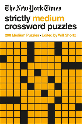 The New York Times Strictly Medium Crossword book cover, featuring a bold yellow and black design. The title 'Strictly Medium Crossword Puzzles' is prominently displayed at the top, with the subtitle indicating 200 medium puzzles edited by Will Shortz.