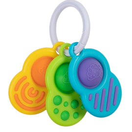 Three colorful sensory buttons attached to a white ring. The buttons are shaped like rounded blobs in bright colors: yellow with a spiral design, orange, green with raised dots, and blue featuring vertical lines. Perfect for tactile exploration and sensory play.
