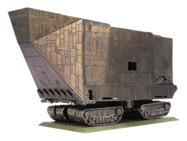 A detailed model of the Jawa Sandcrawler from the Star Wars universe, made by Fascinations. The model features intricate metal parts, a robust structure, and tracked wheels, showcasing an authentic design. Ideal for collectors and DIY enthusiasts.