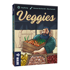 The Veggies board game by Devir Games features a vibrant packaging design. It showcases a cheerful man with a beard holding a wooden crate filled with fresh carrots, surrounded by a market scene with displays of bananas, cherries, and dried mushrooms. The game's title 'Veggies' is prominently featured in playful lettering across the top, making it visually engaging and inviting for players.