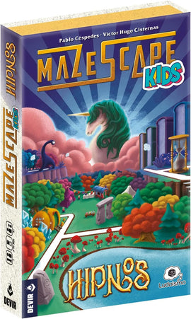 Mazescape: Hipnos board game by Devir Games, featuring colorful and whimsical illustrations of a magical landscape with various characters, trees, and a serene lake. The game's title is prominently displayed on the box.
