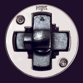 The Cast Hex is a mechanical puzzle featuring a circular design with a metallic finish. It has a center puzzle piece that rotates and interlocks with surrounding parts, designed to challenge the mind. Ideal for puzzle enthusiasts and a stylish addition to any collection.