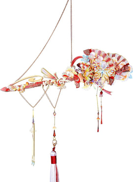 A beautifully crafted Gingko Leaf Flower Hairpin-Sword by Mu Model. The hairpin features intricate floral designs, a combination of vibrant colors, and elegant decorative tassels hanging from it, showcasing a unique and artistic accessory for hair embellishment.