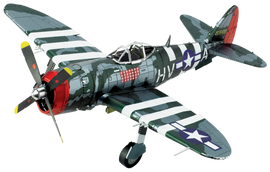 A detailed metal model kit of a P-47 Thunderbolt airplane, showcasing vibrant green, gray, and red camouflage paint, with intricate markings and a propeller. This DIY kit from Fascinations allows for hands-on assembly.