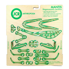 JCR Work Arthropoda Mantis DIY kit featuring intricately designed green parts for assembly. The kit includes tips for assembly and protection recommendations printed on a wooden backing.