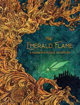 The Emerald Flame by Postcurious is a beautifully illustrated narrative puzzle game featuring intricate artwork of a fantastical tree and whimsical elements against a starry night sky. The title is elegantly displayed in gold lettering, presenting an adventure for puzzle lovers.