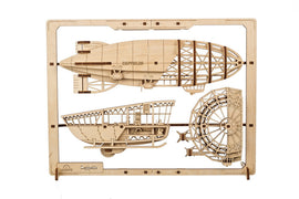 UGears 2.5D Zeppelin DIY kit featuring intricately designed wooden pieces of a vintage airship, displayed in a frame. Ideal for crafting enthusiasts and collectors.