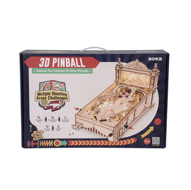 3D Pinball DIY kit by Robotime, showcasing a retro-style pinball machine design with multiple shooting score challenges. The vibrant packaging features illustrations and icons for gameplay instructions and benefits, suitable for ages 14 and up.