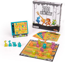 Zoo Rendezvous by Fat Brain is a vibrant mechanical puzzle game featuring colorful animal pieces and a playful jungle-themed design. The game includes a puzzle board, challenge cards, and animal figurines that players must strategically arrange. Ideal for ages 8 and up, it promotes critical thinking and problem-solving skills while providing engaging fun for families and friends.