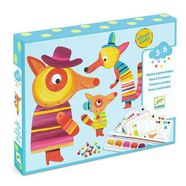The Fox Family Watercolor Paint DIY kit by DJECO features a colorful box displaying three cartoon fox characters. The kit includes vibrant watercolor paints and illustrated sheets for creative painting activities, designed for kids aged 3-6. The playful packaging showcases the artistic elements and encourages imaginative play.
