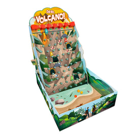 The game 'Oh No, Volcano!' by Buffalo Games features a vibrant and dynamic design with a mountain and volcano theme. Players navigate through colorful stones and caves, using marbles to achieve goals. The box artwork showcases lush greenery and dramatic landscapes, enhancing the adventurous theme.