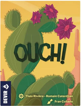 The board game 'Ouch!' by Devir features vibrant artwork of cacti adorned with pink flowers. The bold title 'OUCH!' is prominently displayed against a colorful background, suggesting an engaging and playful theme about prickly challenges.