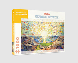 The Sun jigsaw puzzle by Pomegranate featuring Edvard Munch's artwork. This 1000-piece puzzle showcases a vibrant sun bursting with colors over a landscape, ideal for art lovers and puzzle enthusiasts alike.