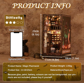 A detailed DIY kit called Magic Pharmacist Book Nook, featuring a whimsical pharmacy interior with shelves of potions, books, and mystical decor. The kit offers a creative building experience with intricate components. Dimensions are indicated, showing a height of 23 cm (9.1 in) and width of 18 cm (7.1 in).
