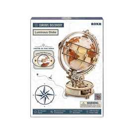 The Luminous Globe by Robotime is a detailed DIY kit featuring a decorative globe that illuminates and showcases global map observations. The globe is designed with intricate mechanical gears and features a USB interface for power. Ideal for home decoration, this unique project encourages creativity and learning about geography. The packaging highlights its artistic design and educational aspects, making it perfect for hobbyists and gift-givers alike.