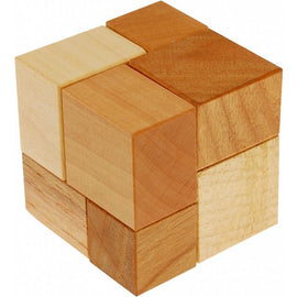 One-minute Puzzle by VINCO, a mechanical puzzle featuring interlocking wooden pieces with various shades of wood, designed to challenge the mind and improve problem-solving skills.