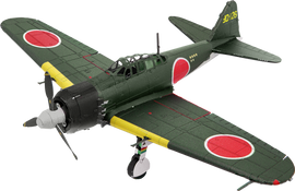 Mitsubishi Zero colored DIY model kit by Fascinations, showcasing detailed design with distinctive green body, red circles, and yellow wing tips. Ideal for hobbyists and model builders.