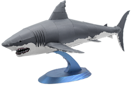 A detailed DIY model of a Great White Shark made by Fascinations, showcasing intricate design elements and realistic features. The shark is mounted on a sleek blue base, emphasizing its lifelike appearance. Ideal for marine enthusiasts and collectors, this model provides an engaging building experience.