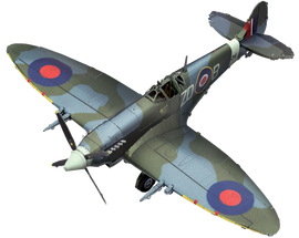 The Supermarine Spitfire DIY kit by Fascinations features an intricately detailed model plane with authentic historical markings. The model showcases the iconic curved wings and cockpit structure typical of the Spitfire, with vibrant colors including olive green and blue roundels, highlighting its renowned design.