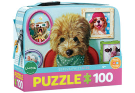 A colorful insulated lunch bag featuring a cute dog surrounded by playful animal portraits. The bag showcases vibrant colors and whimsical designs, perfect for kids who love puzzles. Ideal for lunch or snacks, and suitable for ages 5 and up.