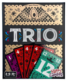 The Trio game by Happy Camper features vibrant artwork displaying the title 'TRIO' in bold gray letters at the center. The box is adorned with colorful patterns and illustrations, including intricately designed cards in shades of red, black, and green. It indicates the game is suitable for 3-6 players aged 8 and above, making it perfect for family game nights and gatherings.