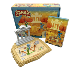 Athena, a mechanical puzzle game by Project Genius, featuring an intricate board game set on a sandy terrain. It includes three colorful figurines, obstacle pieces, and a booklet with challenge cards. The game is designed to stimulate critical thinking and problem-solving skills, set against a backdrop of ancient Greek architecture.