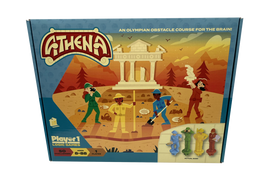 Athena is a mechanical puzzle that presents an Olympian obstacle course for the brain. The product features colorful characters engaged in various activities, such as digging and observing, set against a vibrant outdoor landscape with a backdrop of ancient ruins. The box includes images of the game pieces, emphasizing its fun and engaging theme. Suitable for ages 8-88 and designed for single players, the puzzle promises 50 logic challenges that stimulate critical thinking and problem-solving skills.