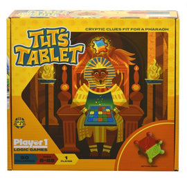 Tut's Tablet by Project Genius, a mechanical logic game designed for solo play. The packaging features vibrant colors and a majestic pharaoh figure surrounded by flames, showcasing a grid-based challenge with multi-colored pieces. Includes 50 puzzles suitable for ages 8 and up.