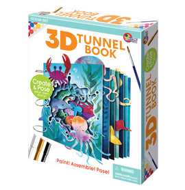 A colorful 3D Tunnel Book DIY kit titled 'Ocean Set' by Eye Connect Crafts. The box features vibrant illustrations of ocean creatures, including jellyfish, crabs, and colorful fish. The kit encourages users to paint, assemble, and pose their own storyline, making it a creative, interactive project for all ages.
