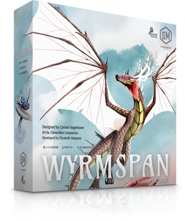 Wyrmspan game box by Stonemaier Games featuring a beautifully illustrated dragon with intricate wings against a watercolor background. The box highlights key details including player count (1-5 players), age recommendation (14+), and gameplay duration (90 minutes). Designed by Connie Vogelmann with art by Clementine Campardou.
