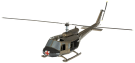 A detailed metal model of a UH-1 Huey Helicopter from Metal Earth by Fascinations. The helicopter features intricate components including a sleek body, rotor blades, and a distinct red cross insignia.