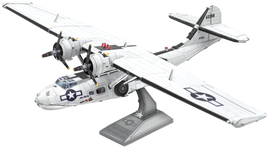A detailed Metal Earth DIY kit of the Consolidated PBY Catalina, featuring a white and silver finish with intricate designs. The model showcases spinning propellers and is mounted on a base, perfect for display. Ideal for aviation enthusiasts and those who enjoy assembling intricate models.