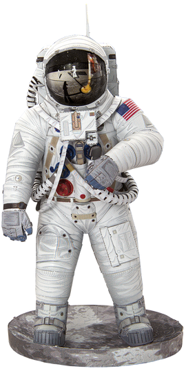 The Premium S: Apollo 11 Astronaut DIY kit by Fascinations features a detailed model of an astronaut in a spacesuit, complete with authentic design elements like the American flag and various buttons and gadgets on the suit. The astronaut stands confidently on a lunar-themed base, showcasing the intricacies of space exploration.