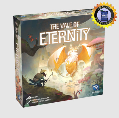 The Vale of Eternity box art by RENEGADE GAMES STUDIOS featuring fantastical landscapes, a majestic dragon, and a character with a fishing rod, depicting an adventurous board game experience.