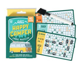 Happy Camper Logic Puzzles by Professor Puzzle. The package features a vintage camper van design and includes 40 engaging logic puzzles with varying difficulty levels. The set comes with a pencil for solving puzzles and showcases puzzle cards that emphasize the fun and challenge of the game.