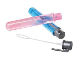 Two colorful bottles of bubble solution, one pink and one blue, accompanied by a bubble wand. The bottles have secure caps and a sleek, modern design, perfect for outdoor fun and play for children.