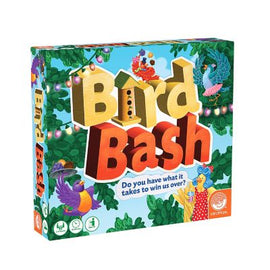 The Bird Bash game by MindWare features a colorful box design with vibrant illustrations of birds amidst a green tree backdrop. The title 'Bird Bash' is prominently displayed in bold, playful letters. The box includes playful details suggesting a fun and engaging game experience, enticing players to join in the bird-themed competition.