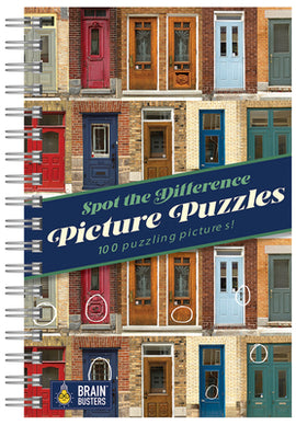 A spiral-bound activity book titled 'Spot the Difference Picture Puzzles' featuring a collage of colorful doors. The book has 100 puzzles challenging readers to identify differences between images, designed for fun and engagement.