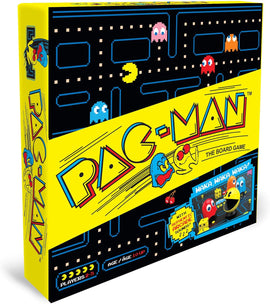 Pac-Man The Board Game by Buffalo Games featuring vibrant graphics that capture the classic arcade game aesthetic. The box is bright yellow with illustrated characters from the game including Pac-Man and ghosts. It clearly states 'Players 2-5' and 'Age 10 & Up' along with the phrase 'WAKA WAKA!' emphasizing the nostalgic fun of this interactive board game.