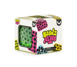 The Beadz Alive Cube by Keycraft is a vibrant and colorful item, encased in a stylized package that features a mix of playful patterns on the sides. The cube itself is visible through a clear cutout in the box, showcasing its unique texture and eye-catching colors. Ideal for creative play, this product is suitable for ages 3 and up.