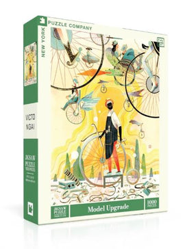 The Model Upgrade jigsaw puzzle by New York Puzzle Company showcases vibrant artwork by Victo Ngai. It features whimsical figures alongside bicycles and surreal elements, inviting puzzlers to engage with 1000 intricately cut pieces. The packaging displays a colorful illustration that highlights the creative theme of the puzzle.