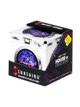 Shashibo Dryer Portal Magnetic Puzzle Cube by Geobenders. The cube features vibrant colors and a unique design resembling a washing machine with a cosmic scene inside. Ideal for creative play and enhancing spatial skills.