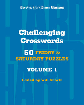 Cover of NYT Games Challenging Crosswords book, featuring the title in bold white letters on a vibrant blue background. The subtitle mentions 50 Friday & Saturday puzzles, and it's edited by Will Shortz.
