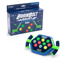 BrainBolt Boost memory game by Educational Insights. The game includes a hexagonal device with multiple colored buttons (green, yellow, red, and blue) and an LCD display showing a score. The game box features colorful graphics and states its age recommendation of 5 and up, designed to enhance memory skills.