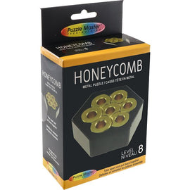 Honycomb Metal Puzzle by Puzzle Master packaged in a black box with a vibrant gold and green puzzle design on the front. The box displays the puzzle level as 8, indicating its complexity. Instructions suggest taking it apart and reassembling for a challenging experience.