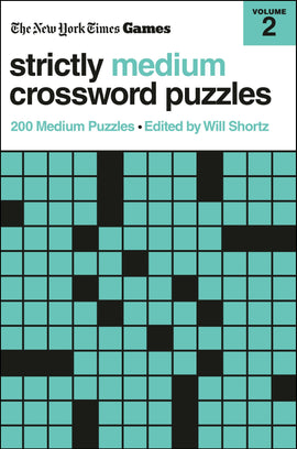 Cover of 'NYT Strictly Medium Xword V2' featuring a minimalist design with teal and black colors. The title is prominently displayed along with '200 Medium Puzzles' and 'Edited by Will Shortz', indicating it's a collection of crossword puzzles for enthusiasts.